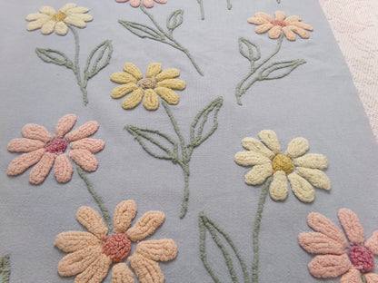 Scattered Daisies Vintage Chenille Bedspread Fabric, Shabby Blue Sewing Material, 19" x 25"