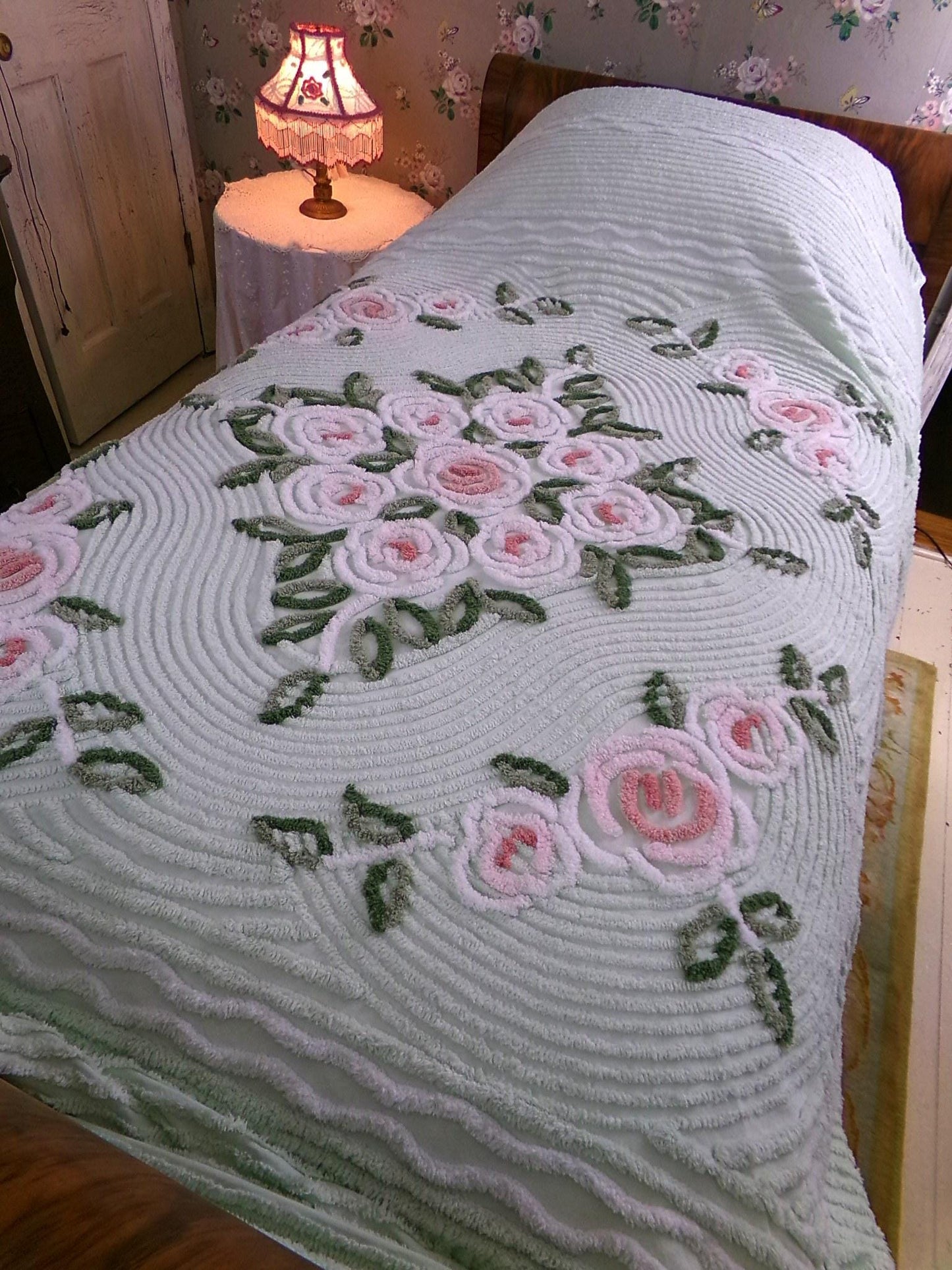 Luxury Vintage Chenille Bedspread, Tufted Cottage Roses on Mint Green, Full Size Boxed & Fitted Design with Integrated Skirt
