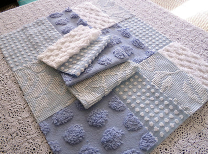 blue chenille fabric squares, set of 16 vintage 6" quilt blocks in coastal blues & white textures