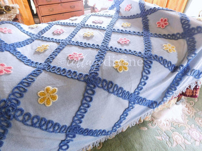 Rare Vintage Chenille Bedspread by IDEAL SPREAD Company, Canada Made Blue Wedding Cake Floral Design, Full Size