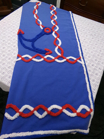 Coastal Anchor Vintage Chenille Fabric Piece 42 x 16" Red White Blue American Spirit