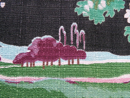 Moody Surreal Vintage Barkcloth Fabric Spooky Black Pink Mystic Winding Path, 20" x 35"