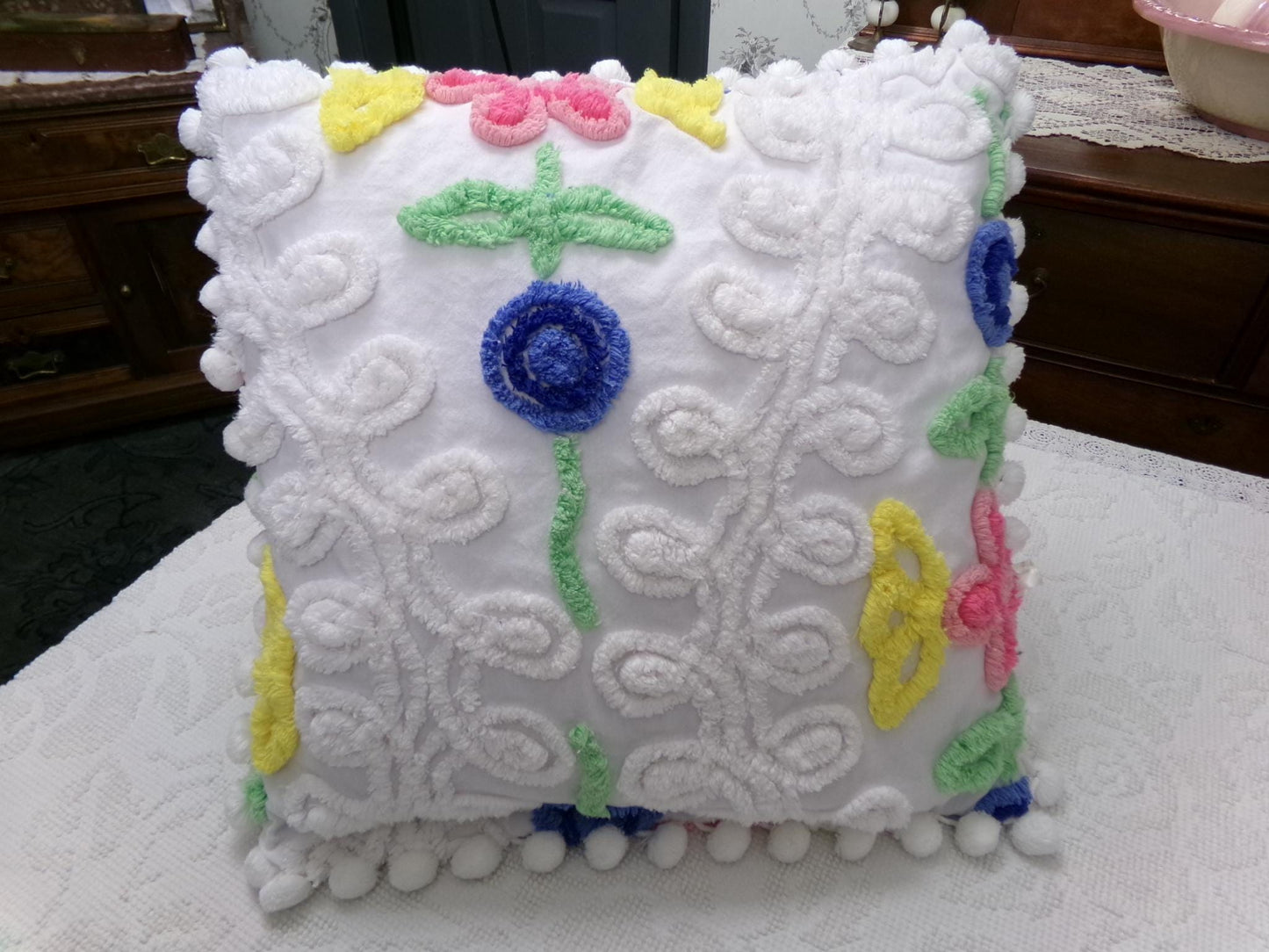 canyon group vintage chenille pillow cover, single 17" square sham rainbow wedding cake design