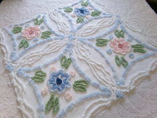 Cottage Vintage Chenille Fabric, 20" x 21" Piece Floral White Sewing Quilt Material