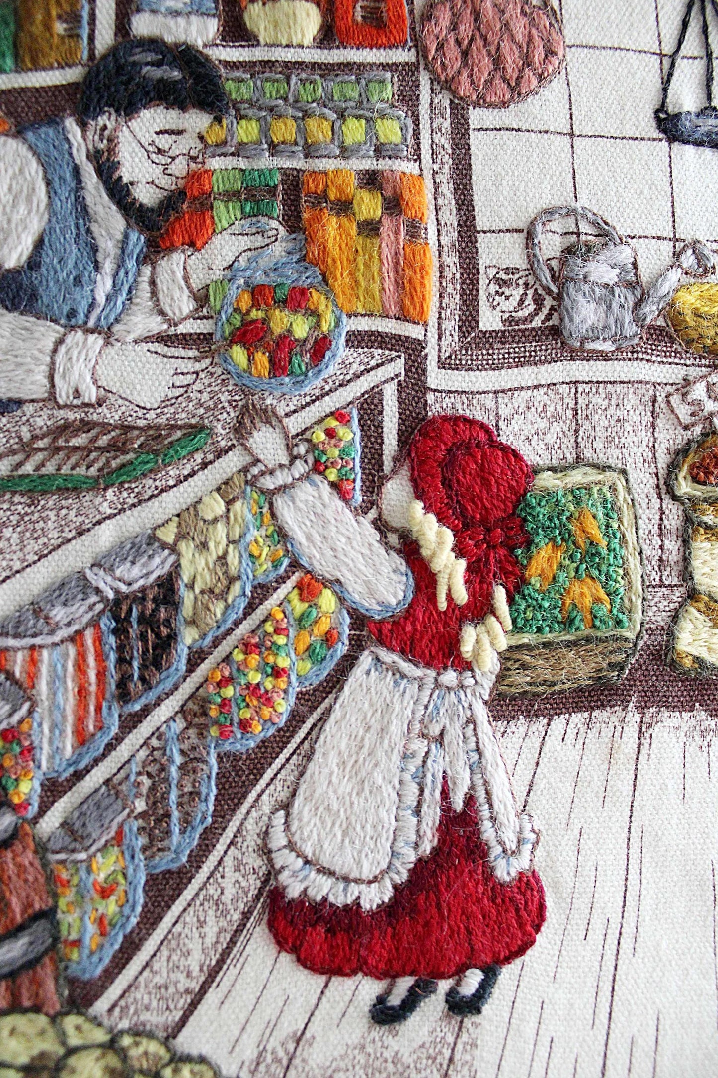 Old-Fashioned Country Store Crewel Embroidery Piece, "Penny Candy" Completed Stitchery, Vintage Paragon Needlecraft, Outstanding Needlework