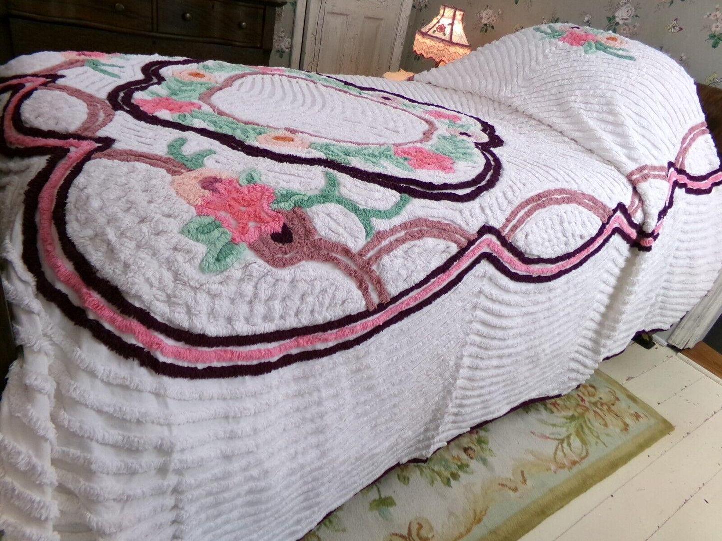 cottage living vintage chenille bedspread in plush rose florals, 100% cotton white full size bedding
