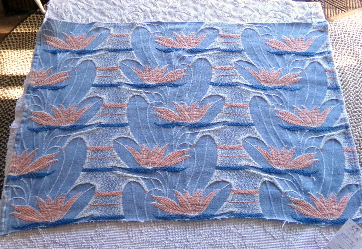 tranquil water lily vintage woven fabric piece, 21" x 32" inch reversible sewing material, calming blue & coral lilies