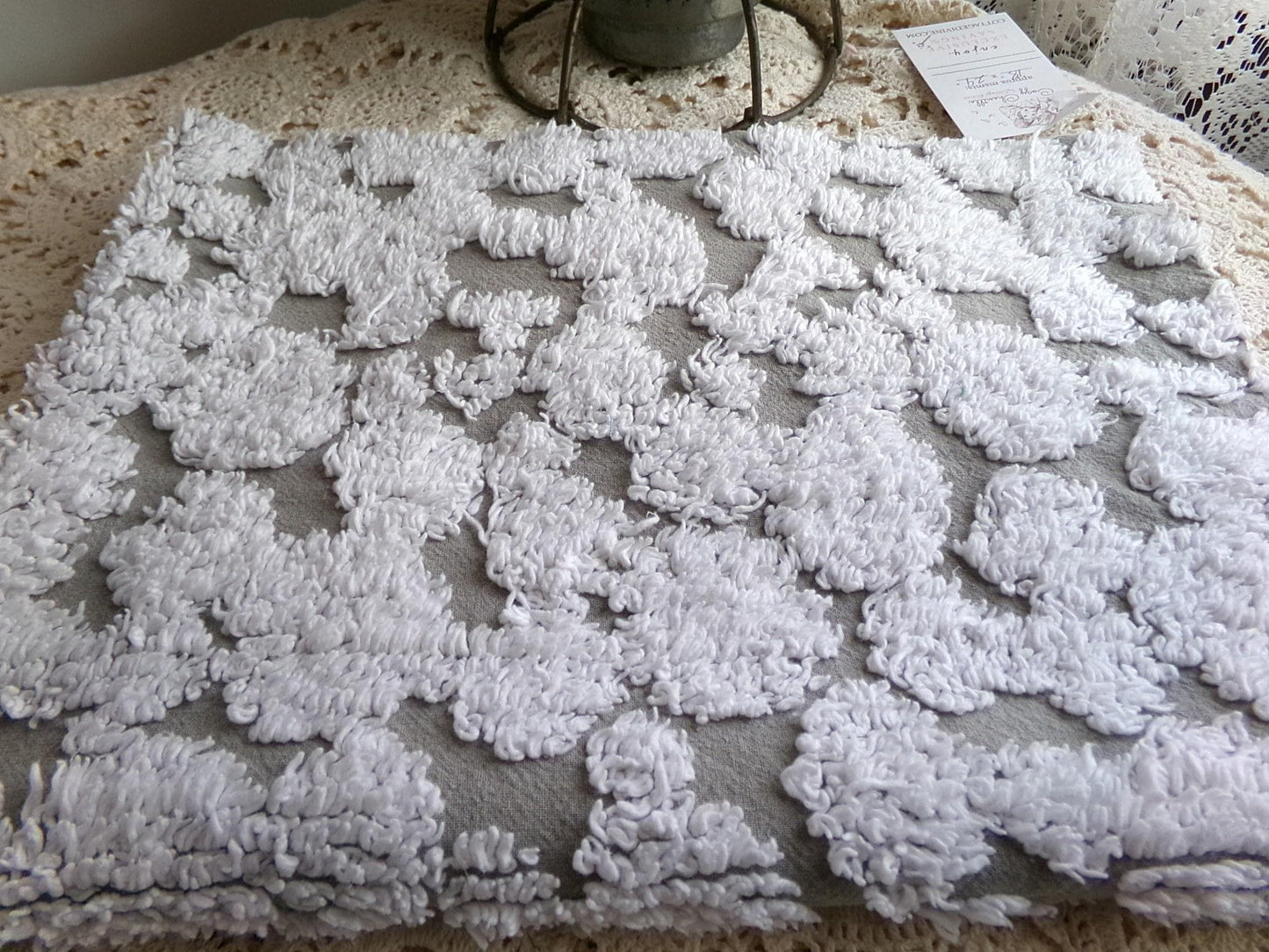 modern grey & white chenille fabric, abstract tufted pebble design sewing quilt material, 18" x 24"
