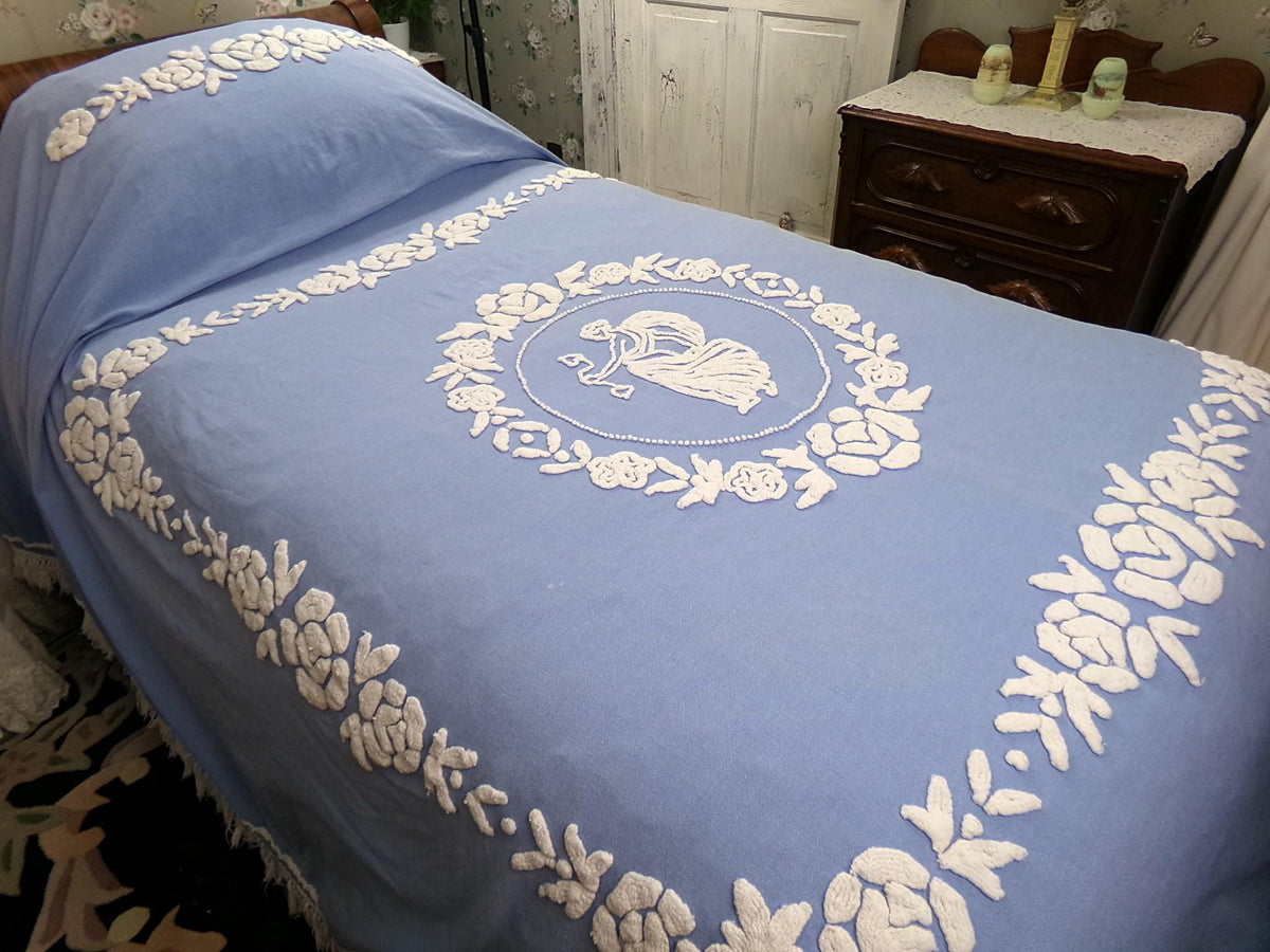 Angel Vintage Chenille Bedspread, Grecian Goddess Figure, Wedgwood Blue & White FULL