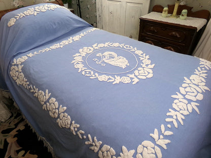 Angel Vintage Chenille Bedspread, Grecian Goddess Figure, Wedgwood Blue & White FULL