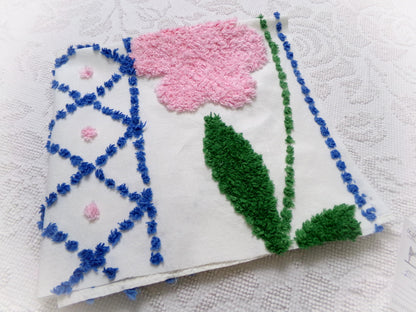 Vintage Chenille Bedspread Fabric White Pink Floral Blue Lattice Trellis Cottage 24x23"