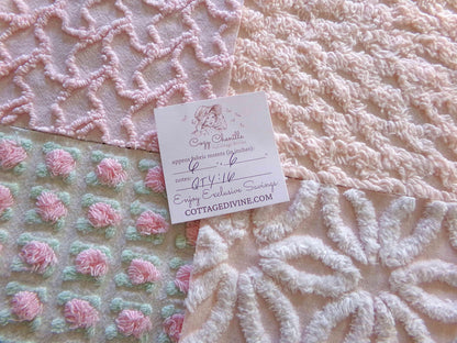 Nectar & Petal Vintage Chenille Quilt Squares Set of 16 Blocks, 6" inch ea in pretty daisies, pink rosebuds, peach lattice