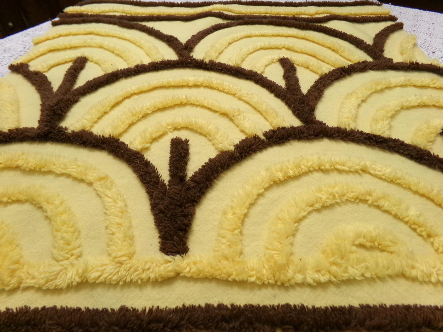 Vintage Chenille Bedspread Fabric Yellow Brown Swag Scallop 18x22.5" Piece Quilt Sewing Material