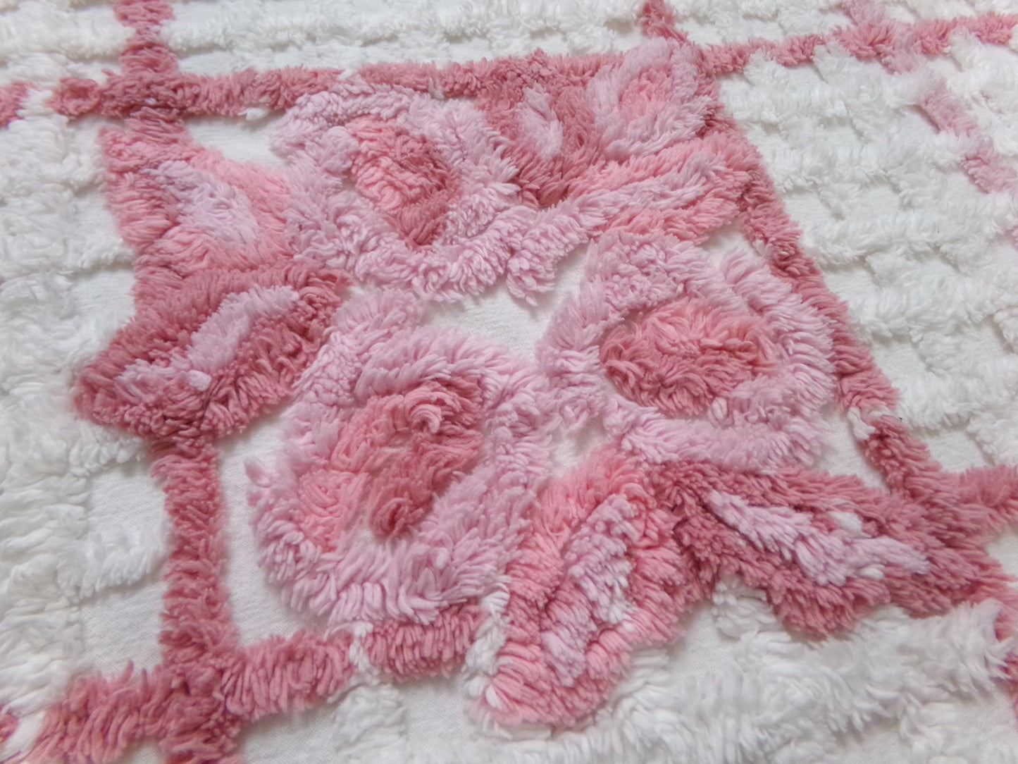 pink & white vintage chenille fabric, geometric rose floral design, 23" x 26" piece sewing material