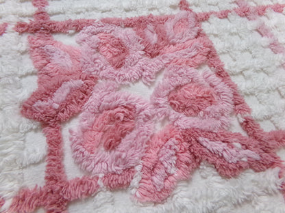 pink & white vintage chenille fabric, geometric rose floral design, 23" x 26" piece sewing material