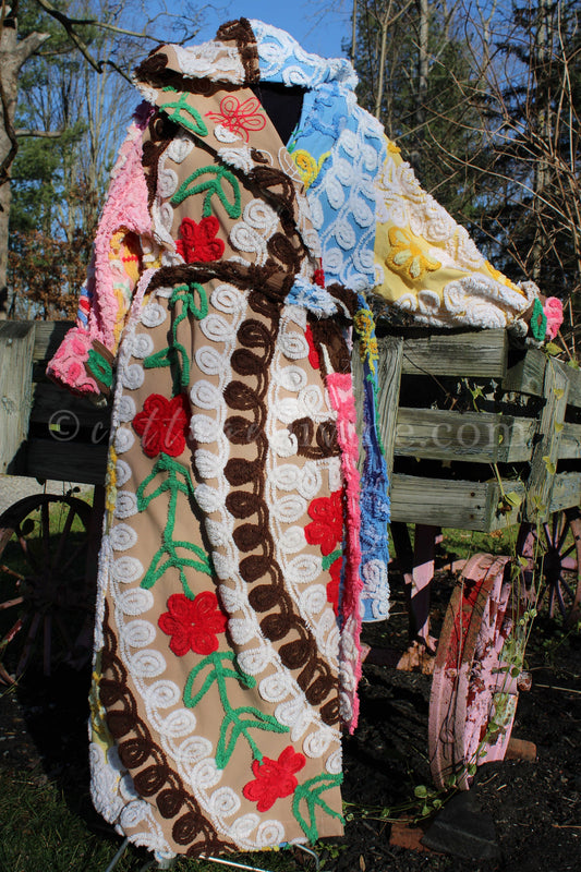 Shabby Patchwork Vintage Chenille Robe, Ladies M/L HOODED Bathrobe, Upcycled Art to Wear
