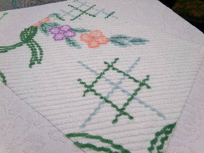Unique Vintage Chenille Bedspread Fabric, Geometric Floral 20" x 24" piece sewing material