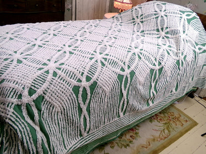 elegant evergreen vintage chenille bedspread, white geometric tufting, full size cotton bedding