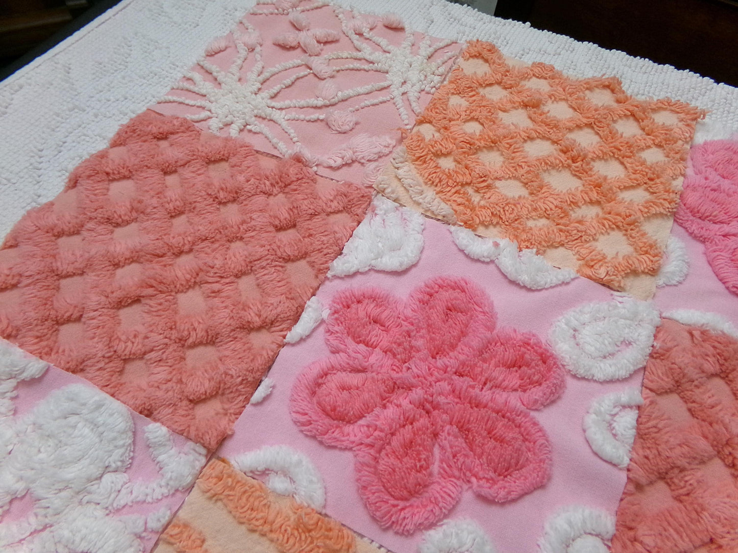 Strawberry Peach Vintage Chenille Fabric Squares Set, 16 Quilt Blocks, 6" x 6" inches each, for Quilting, Sewing, DIY Pillows