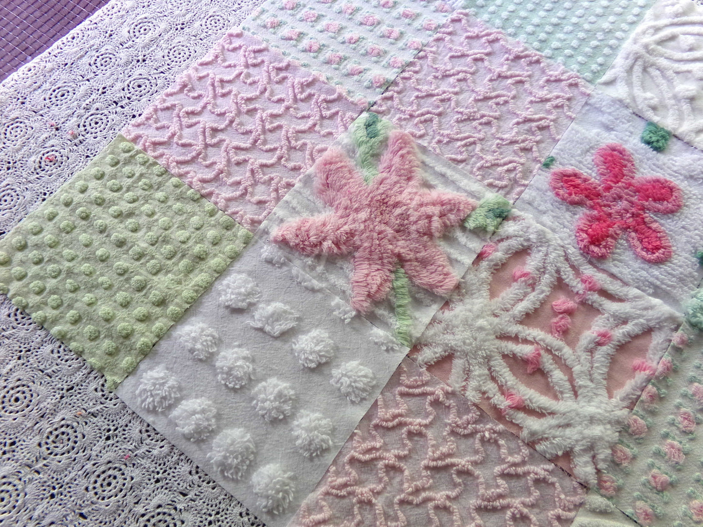 chenille 6" fabric squares, set of 16 vintage quilt blocks in joyful springtime colors of pink, green & white floral and geometric