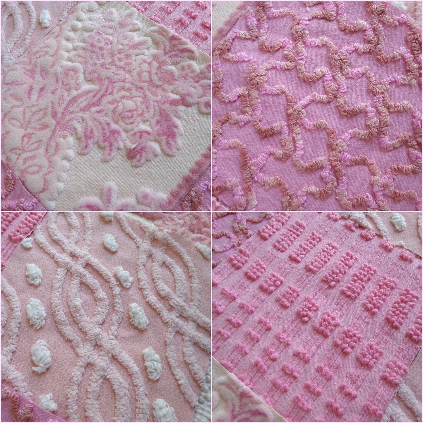 pixie princess velvet & chenille fabric squares, set of 16 pink vintage 6" quilt blocks for crafting, quilt inlays, pillows, fiber arts