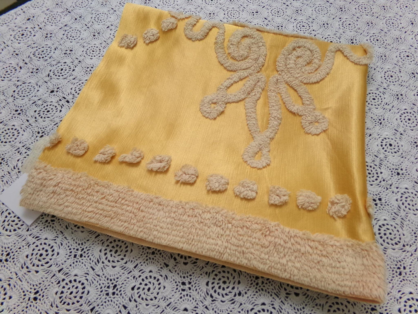 Vintage Gold Satin Chenille Tufted Fabric Swag Scroll Elegant Sewing Material 23x25"