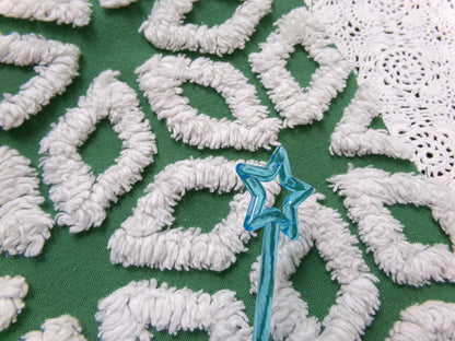 White Snowflake Vintage Chenille Fabric, Christmas Green 17.5x26" Piece