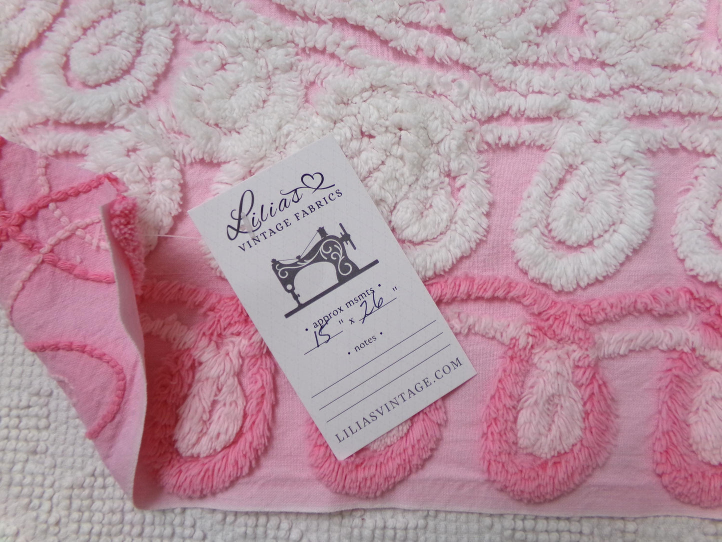 Playful Pink Vintage Chenille Bedspread Fabric White Curlicues 15" x 26"