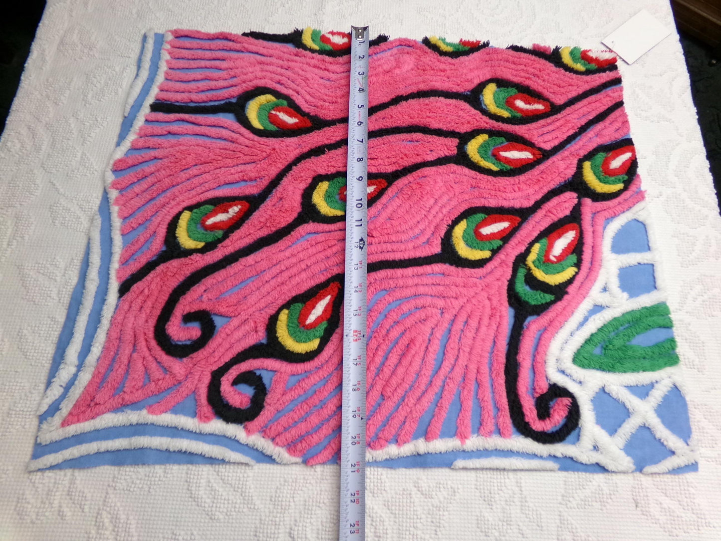 Exotic Artsy Vintage Chenille Bedspread Fabric Piece Pink Peacock Feathers, 19" x 24"