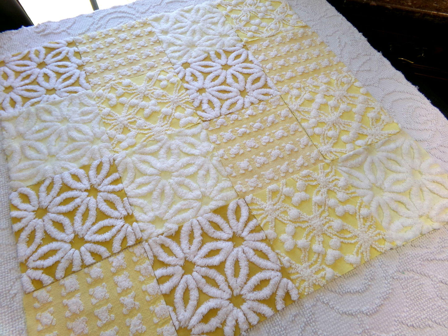 boho sunshine chenille fabric squares, set of 16 vintage quilt blocks 6" ea, natural sunrise yellow, white rosebud, golden harvest daisy