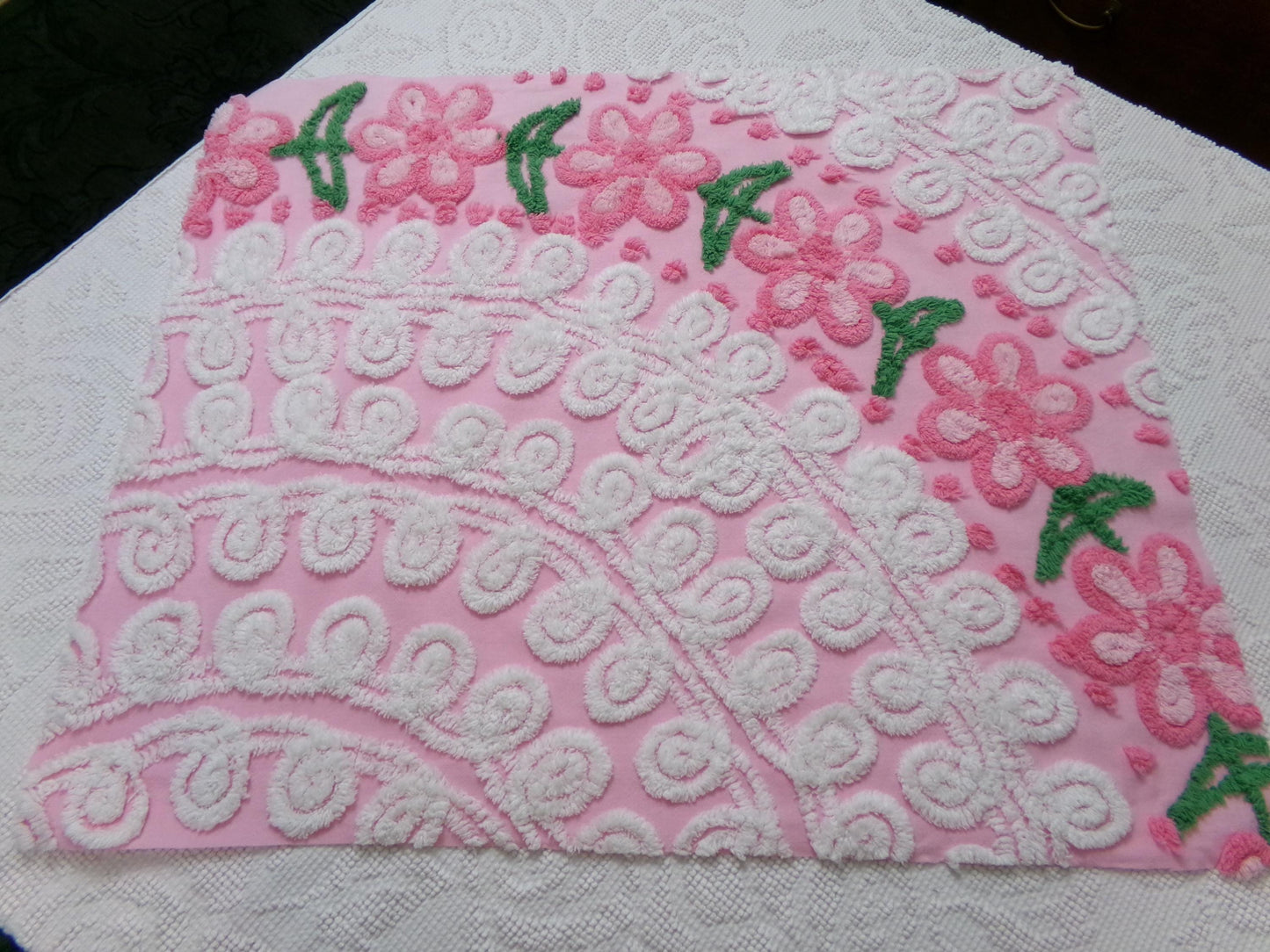 Flower Arch Vintage Chenille Bedspread Fabric, Pink Floral Sewing Material 20" x 24" Piece