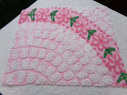 Flower Arch Vintage Chenille Bedspread Fabric, Pink Floral Sewing Material 20" x 24" Piece