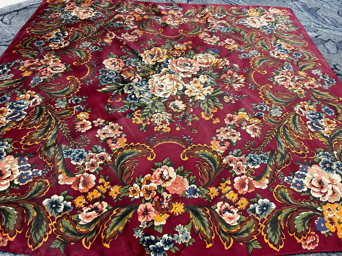 Vintage Ralph Lauren Silk Square Scarf Burgundy Floral Baroque Elegance Japan