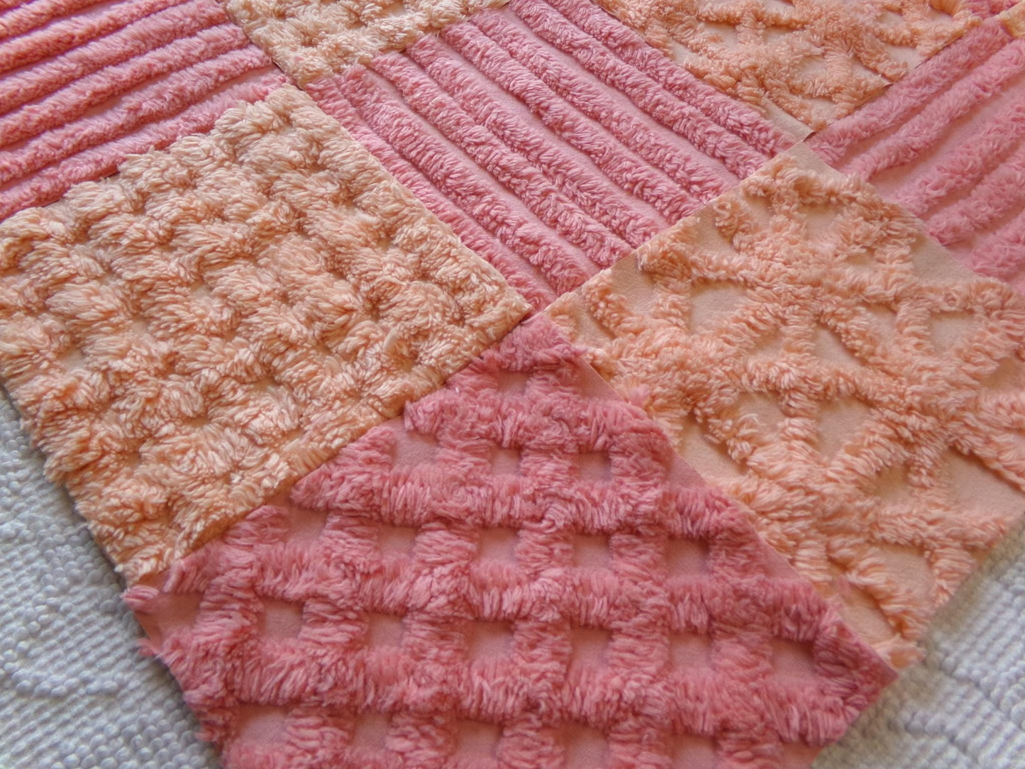 peach sorbet vintage chenille fabric squares, set of 16 plush soft tufted 6" quilt blocks