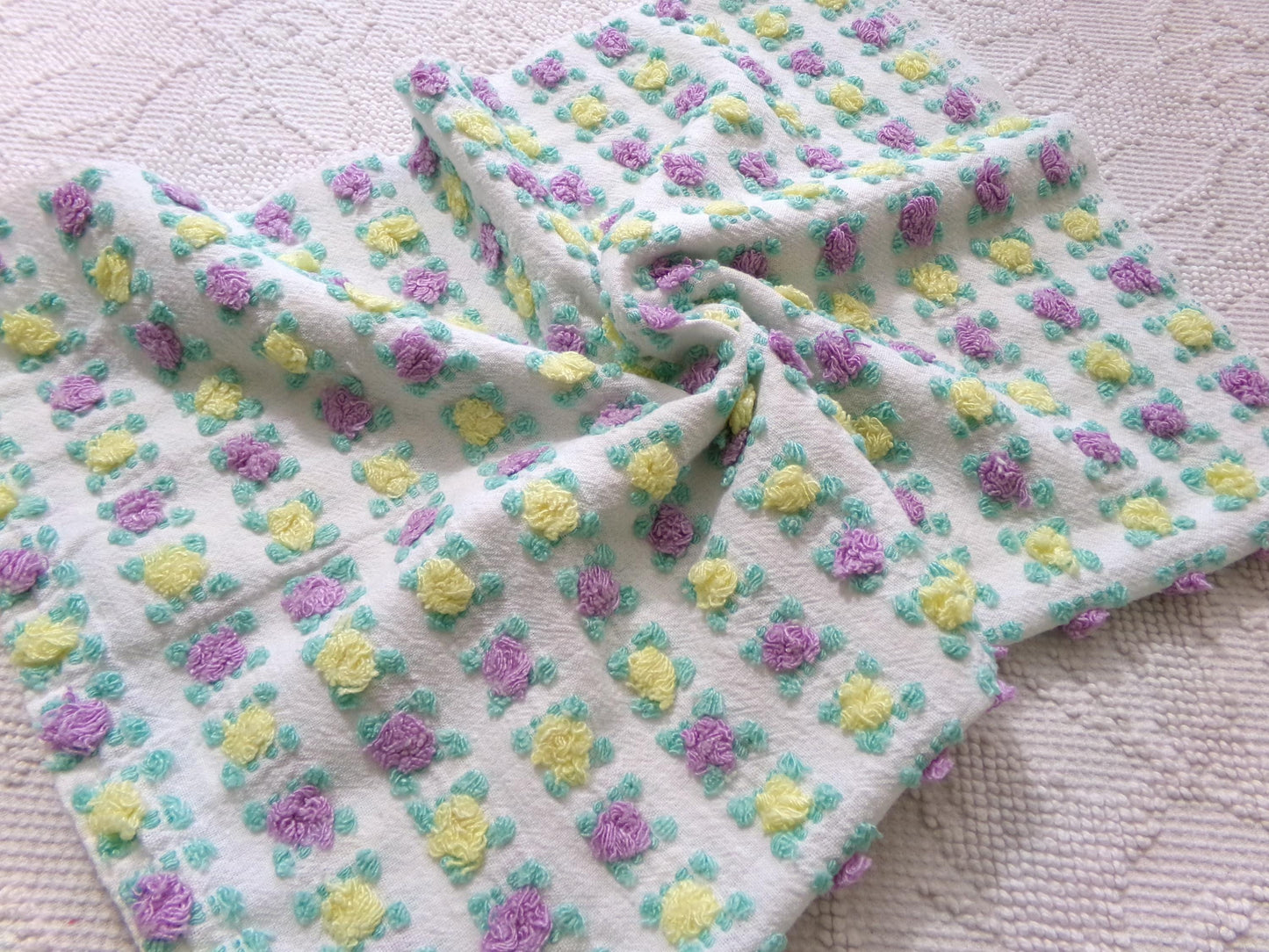 Rare Rosebud Vintage Chenille Fabric, Yellow Lilac Tufted Roses, 17x24"
