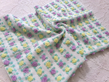 Rare Rosebud Vintage Chenille Fabric, Yellow Lilac Tufted Roses, 17x24"