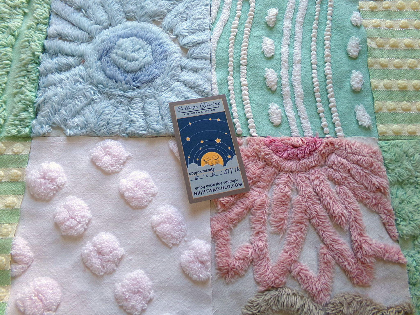 vintage 6" chenille fabric squares, garden path greens, set of 16 lovely craft blocks rotary cut from vintage chenille bedspreads