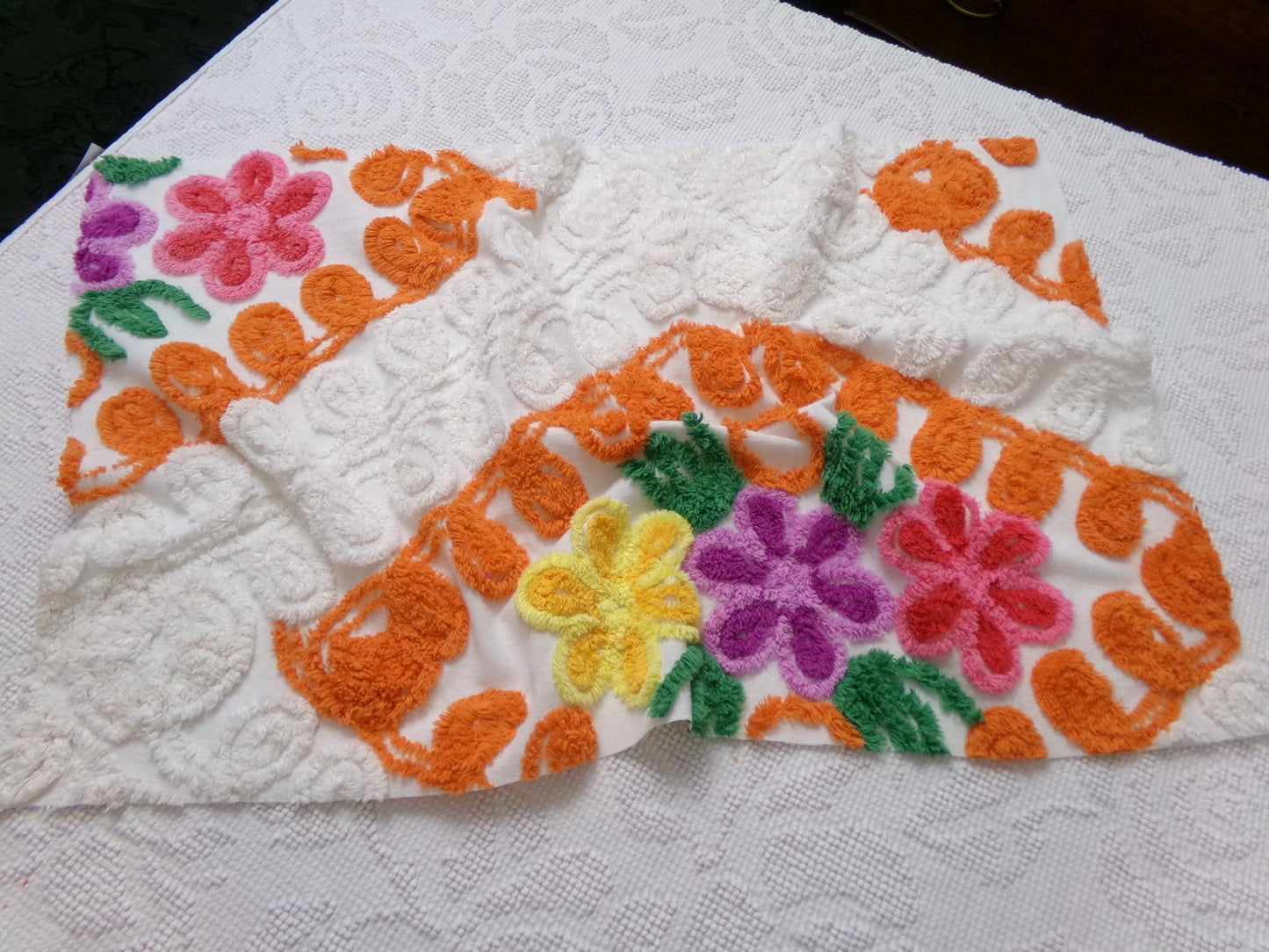 citrus floral vintage chenille bedspread fabric, orange & white quilt material, 16" x 25"