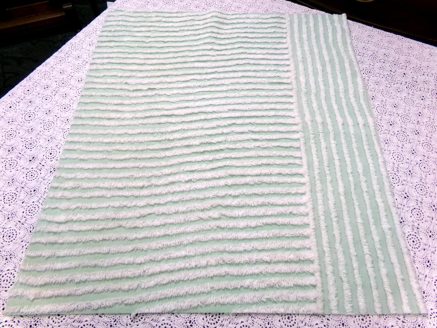 Vintage Mint Green Chenille Bedspread Fabric, White Multidirectional Stripe 24x21"