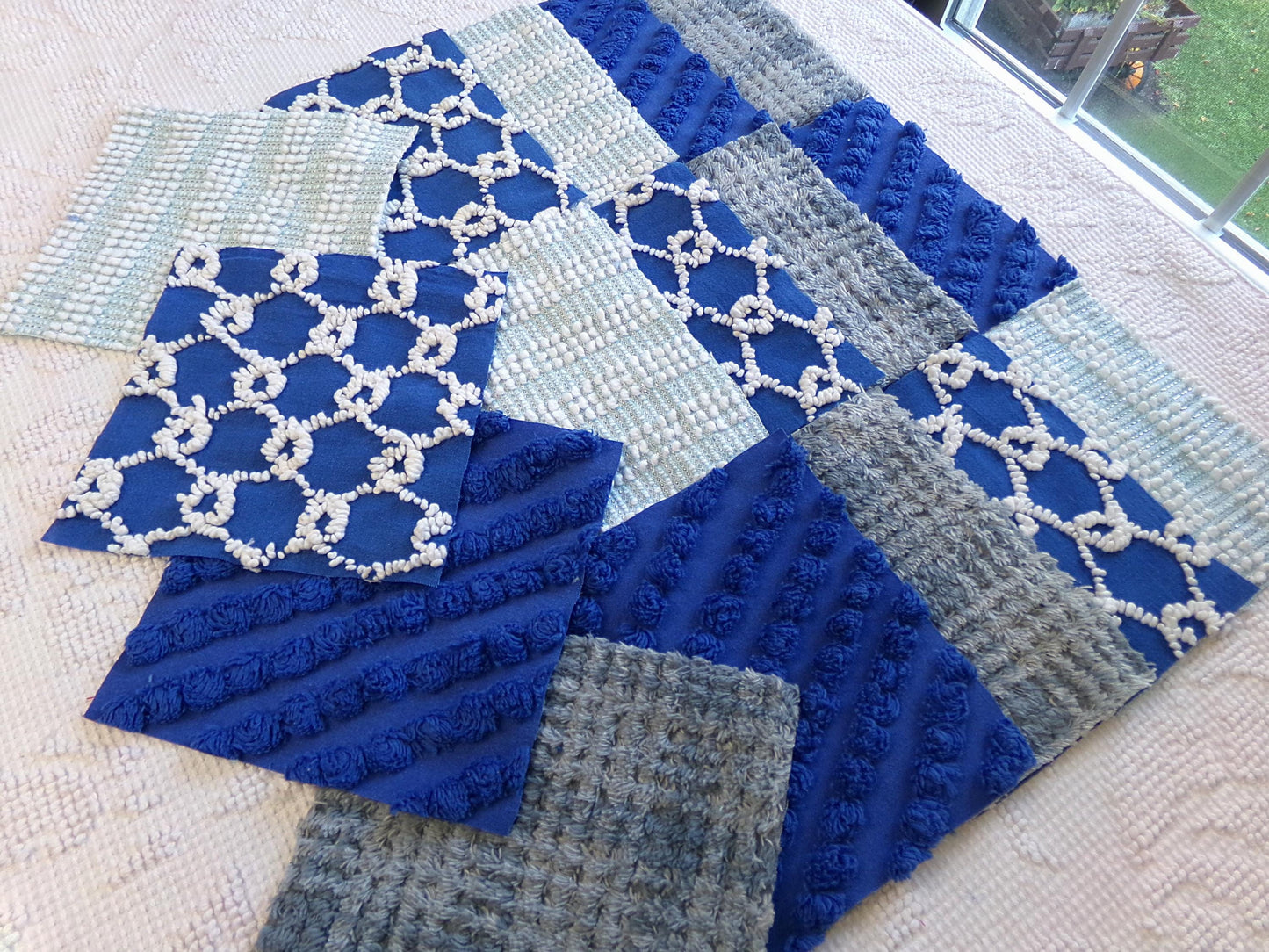 Vintage Chenille Fabric Squares - Set of 16 - Sporty Grey, White & Blue - 6" Quilt Blocks