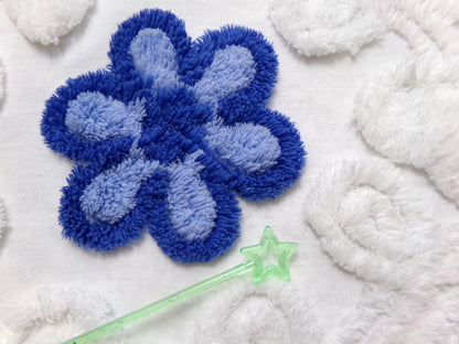 Vintage Chenille Fabric Piece, Blue White Floral Coastal Chic Quilting Material 14x25"