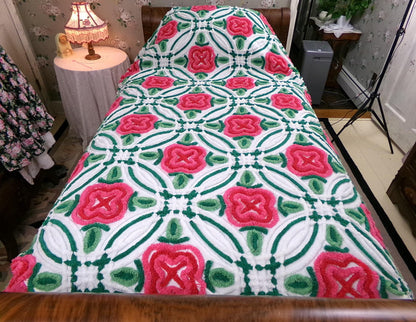 Shabby Rose Vintage Chenille Bedspread Tufted White Full Size 100% Cotton Bedding