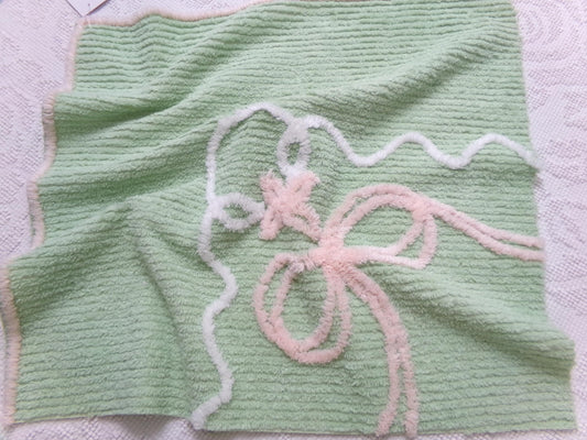 Soothing Mint Green Vintage Chenille Fabric Pink Lily Bow, 17" x 18"
