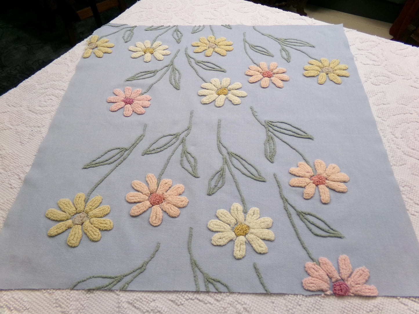 Cascading Daisy Vintage Chenille Fabric, Blue Floral Sewing & Quilt Material 23" x 24" Piece
