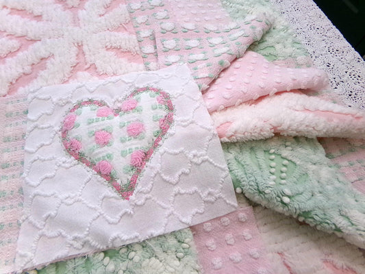 Vintage Chenille Quilt Squares, Pink Green, White 6" Fabric Blocks, Set of 17 for Quilting & Crafts