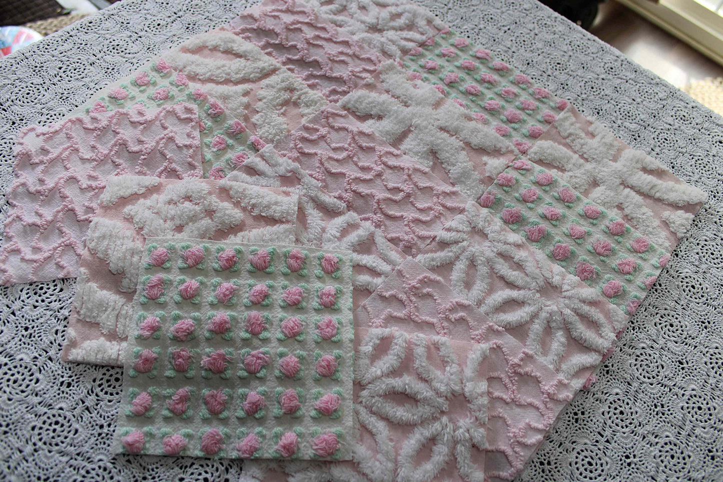 fairy pink chenille fabric squares, cottage rosebud & daisy, 16 vintage quilt blocks 6" x 6" inch, for patchwork pillows, quilting, crafts