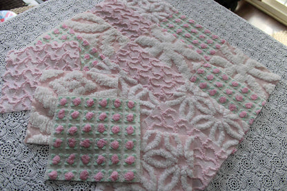 fairy pink chenille fabric squares, cottage rosebud & daisy, 16 vintage quilt blocks 6" x 6" inch, for patchwork pillows, quilting, crafts
