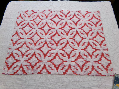 Classic Red Vintage Chenille Fabric, tufted white geometric designs, piece sewing craft quilt material, 18" x 24"