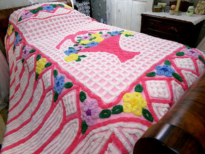 plush cupcake frosting vintage chenille bedspread, pink flower basket w/ cathedral stripes, girly cottage full size luxury cotton bedding