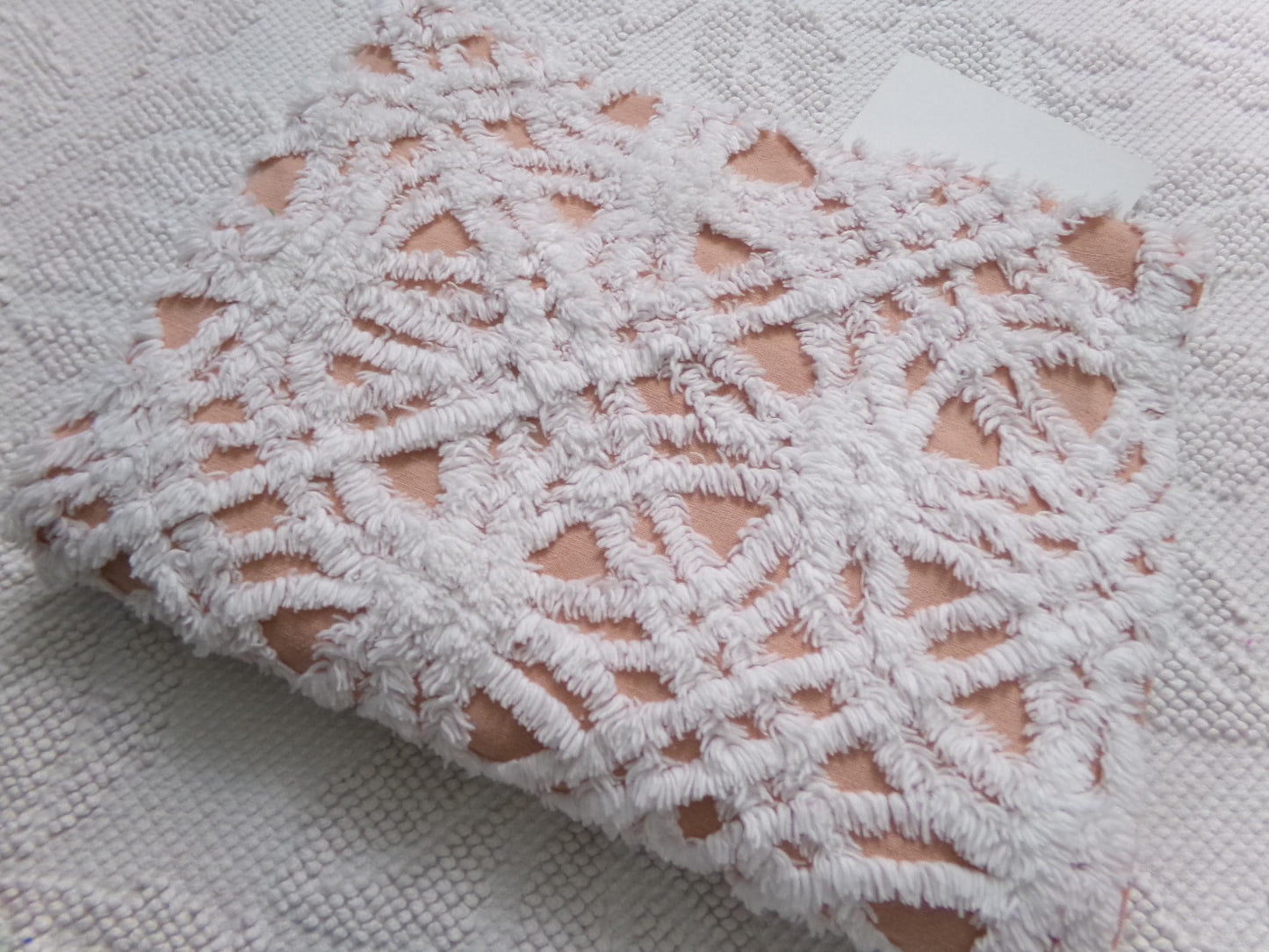 Cozy Peach & White Vintage Chenille Bedspread Fabric, Plush Geometric Quilt Material 18" x 24"